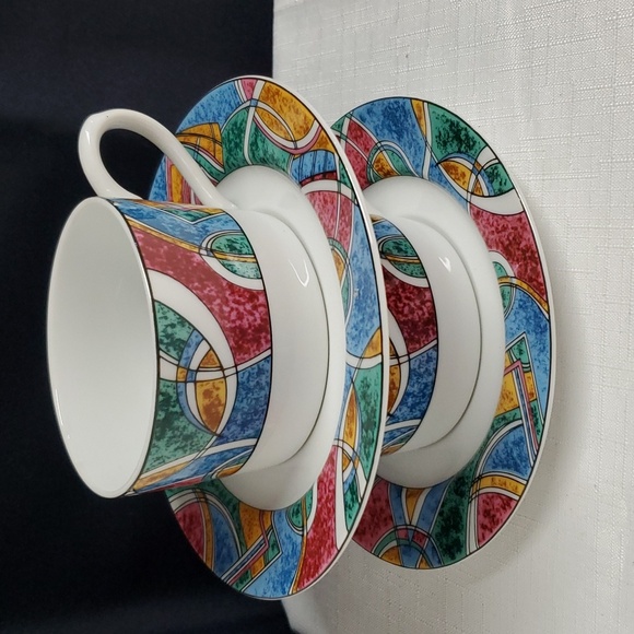 American Atelier VTG BOHO Fantasy Porcelain Cups & Saucers Matching Set of Two - Picture 1 of 14